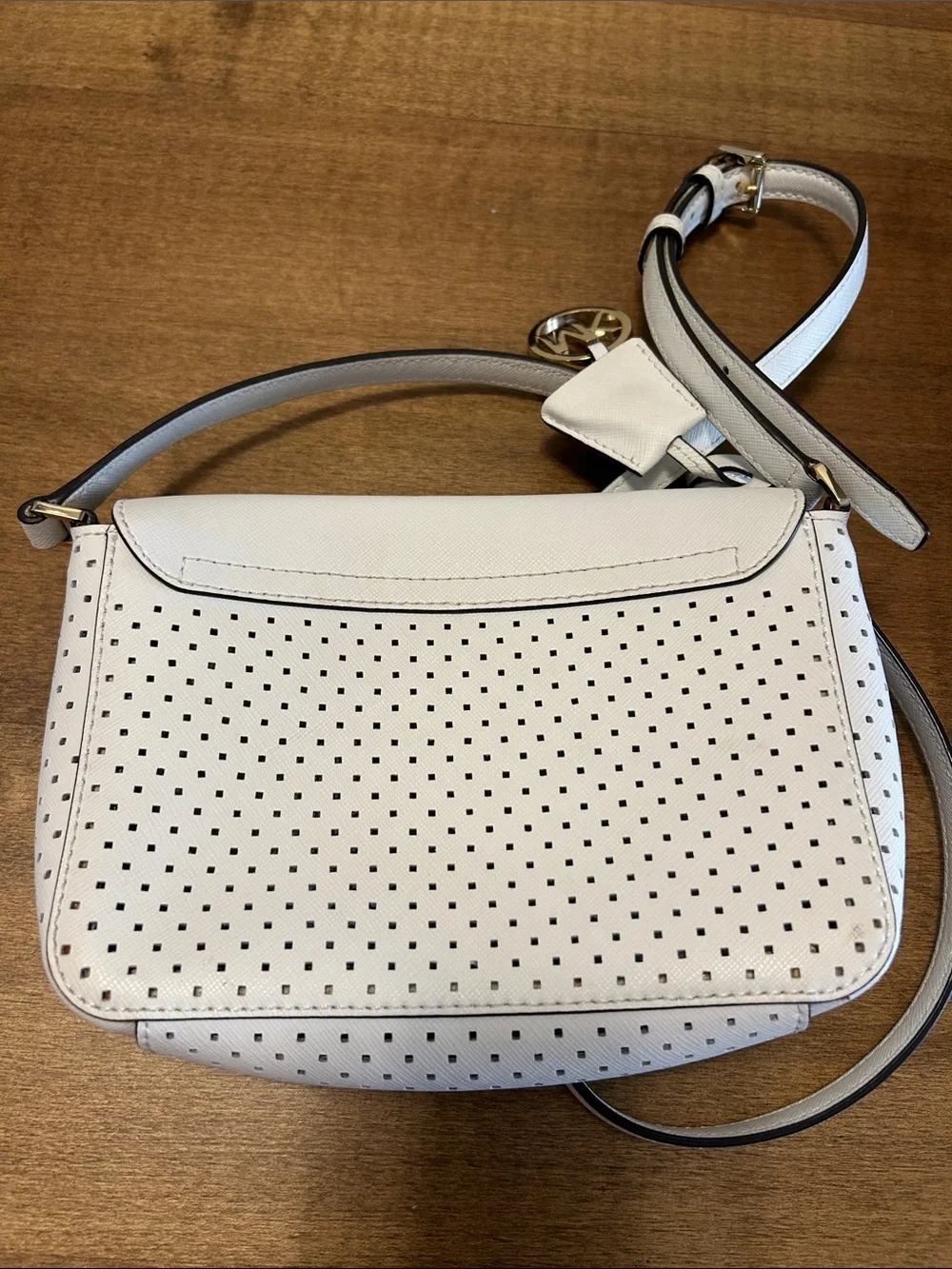 Michael Kors Cream Perforated Leather Crossbody with Gold MK Charm